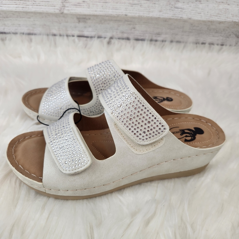 Good Choice Shoes White Rhinestone Double Band Velcro Wedge Slide Sandal